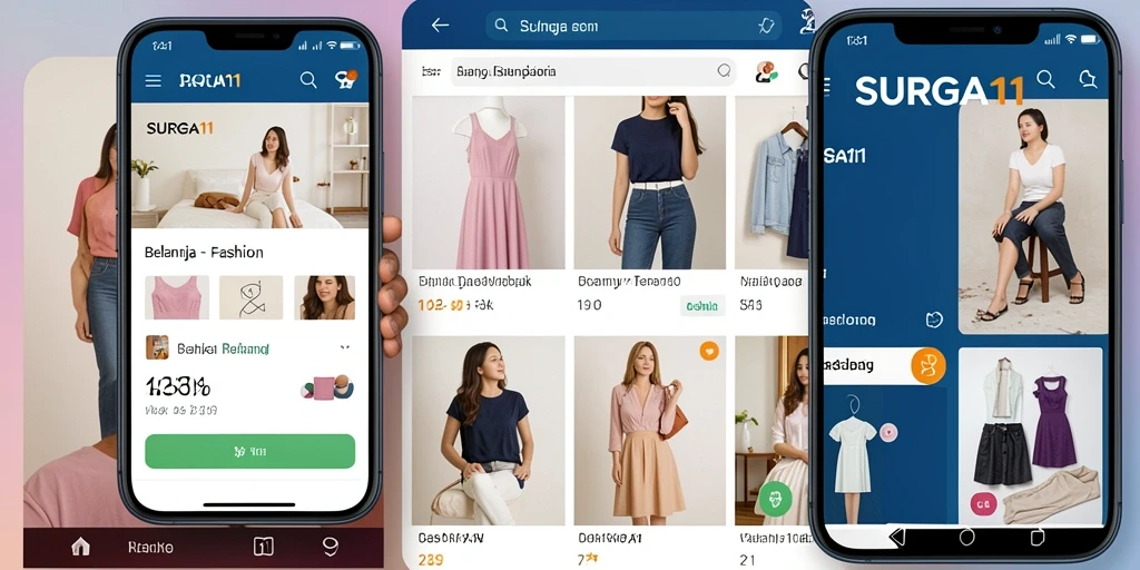 Tampilan antarmuka aplikasi Fashion SURGA11 yang menarik dan intuitif.